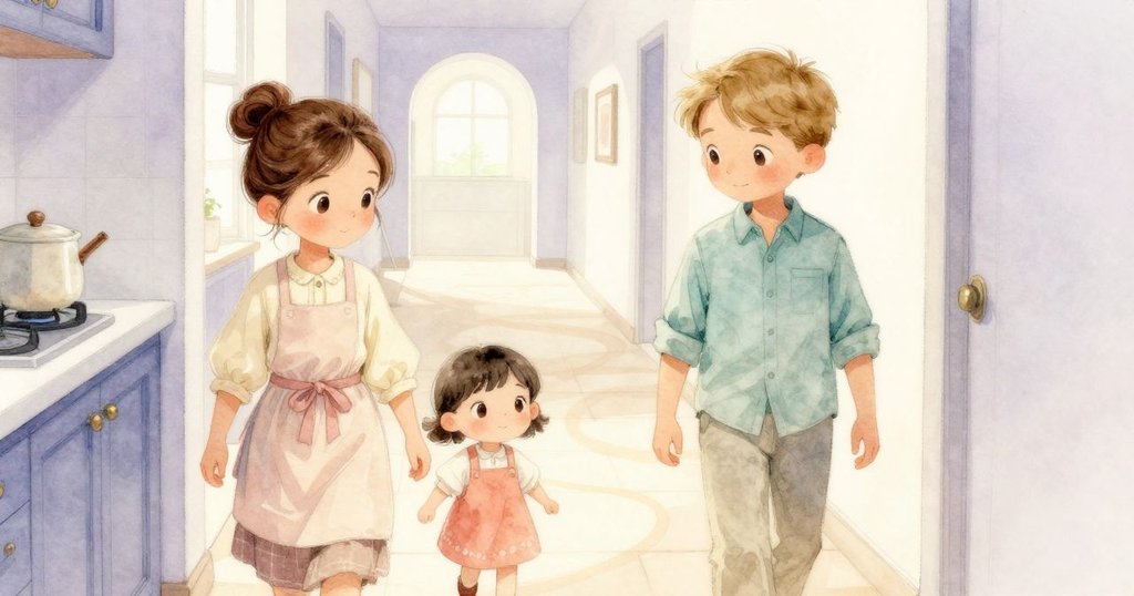 Poppy與Hollis在走廊中告別廚房,光環沿地板延展,溫暖漸退中透露淡淡惜別情懷