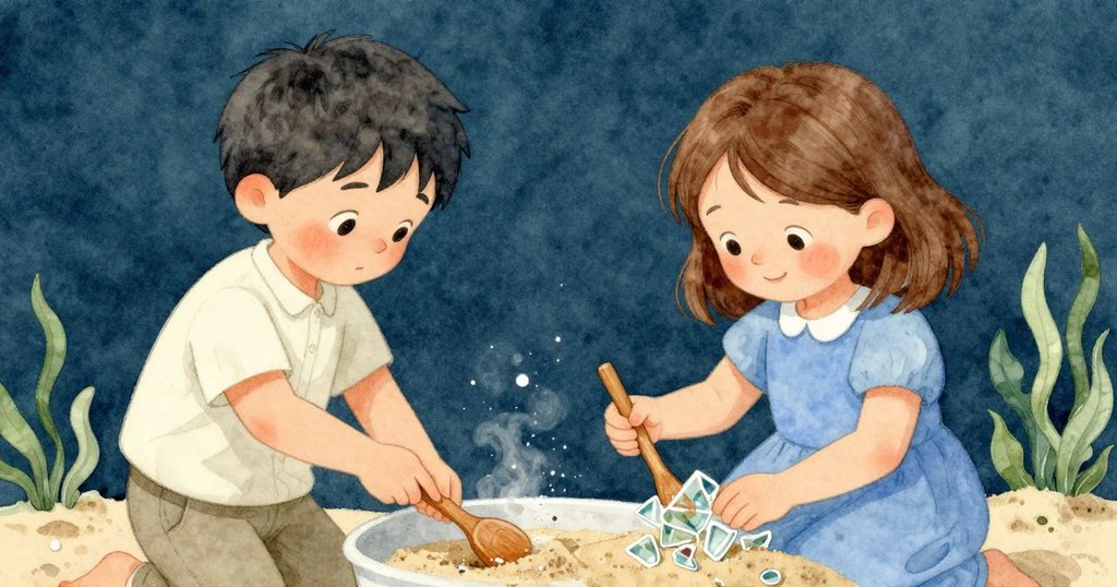 基蘭與娜迪雅分畫面分別攪動沙子與擦亮玻璃碎片,動作敏捷,神情專注,燈塔內部溫暖晨光映照