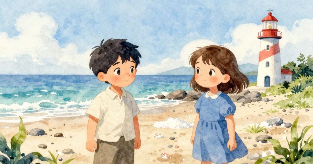 海邊燈塔外景呈現天然質感,砂石與鹽紋在晨光下交織,藍綠色調與珊瑚點綴下散發柔和溫暖