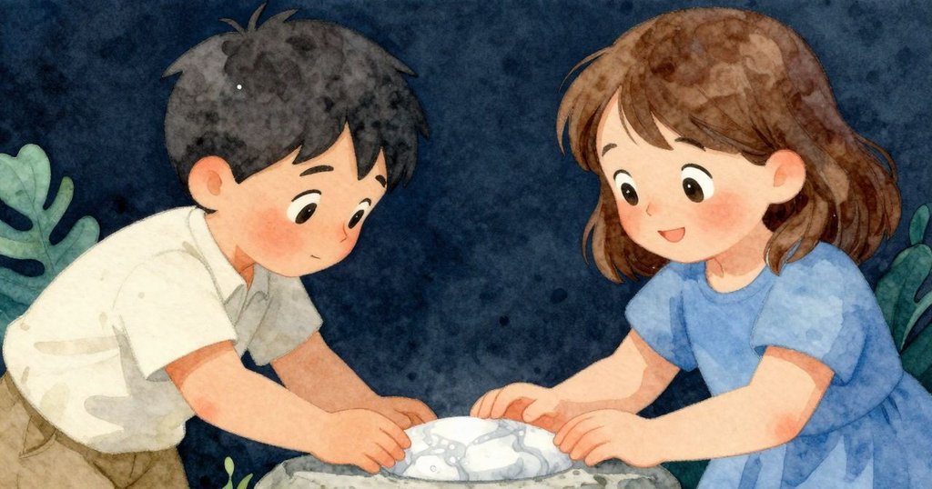 基蘭輕放閃亮瑪瑙於平石上,娜迪雅滿懷喜悅注視,兩人共享發現成果的溫馨與成功