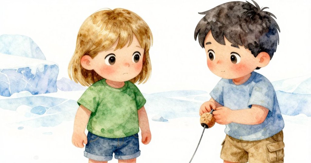 小孩仔細檢視繩子細節，展現外層麻繩分離出內部彈性橡膠核心，旁邊擺有老舊瓶塞浮標。