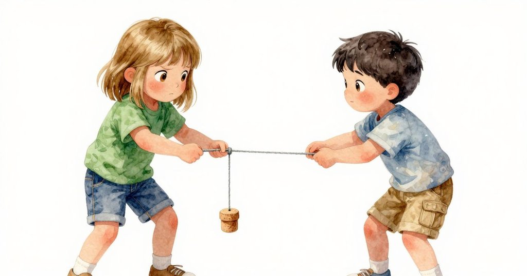 兩位小孩在碼頭上互動，彼此共享欣賞與合作的瞬間，小心地將繩子穿過瓶塞浮標，氣氛溫馨。