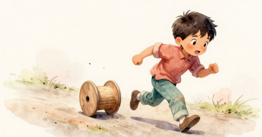 Zeke活力四射地奔跑追逐滾動中的線軸,沿著狹窄木道的細線指引,場面充滿運動與歡樂感