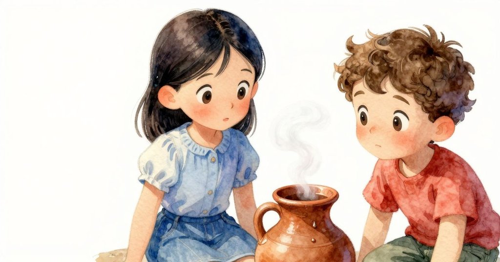 妮娜的手邊靠近陶壺,細節展現溫暖陶罐上捲起的蒸氣與一滴清澈水珠,意境細膩