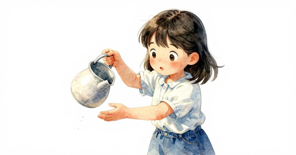 從高處俯視,妮娜迅速伸手接住微移的陶罐,神情專注又略帶驚訝,場景細膩