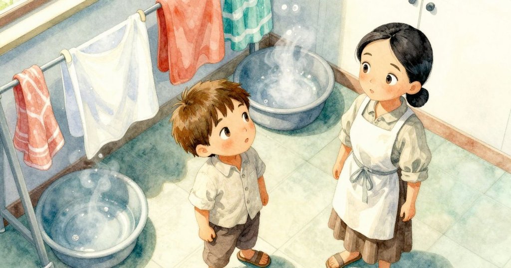 從上方俯瞰整個洗衣空間, 展現浴缸冒泡、布匹輕舞及堆疊毛巾, 和諧明亮的室內場景