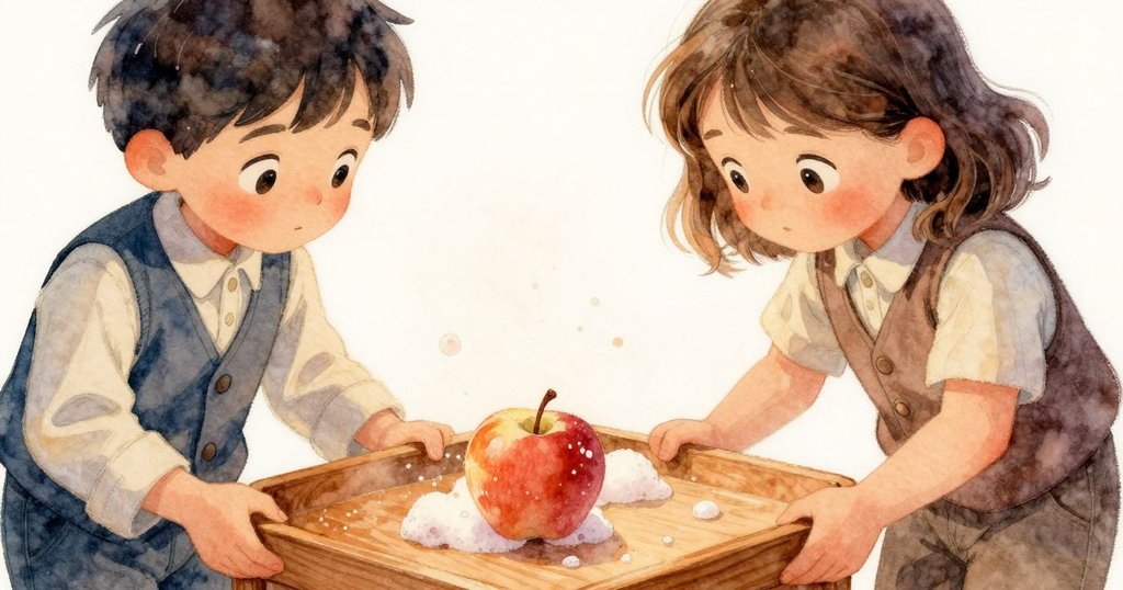 費徹手持托盤近拍，展現木紋和粉塵細節，泡沫蘋果微動，質感豐富，呈現專注及溫暖光線