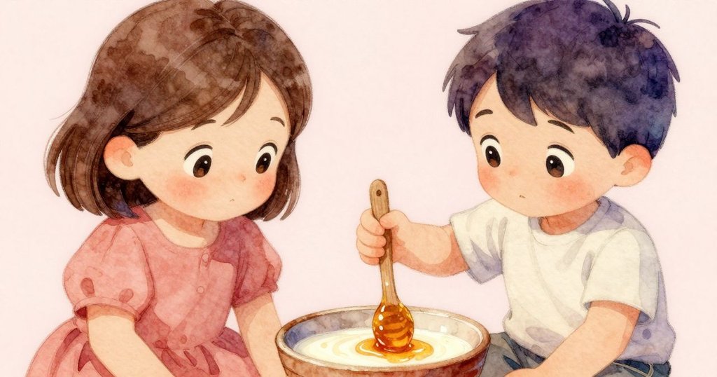 細膩特寫展現烏爾莎攪拌蜂蜜與牛奶混合物，木匙輕轉展現細緻紋理與溫馨光影。