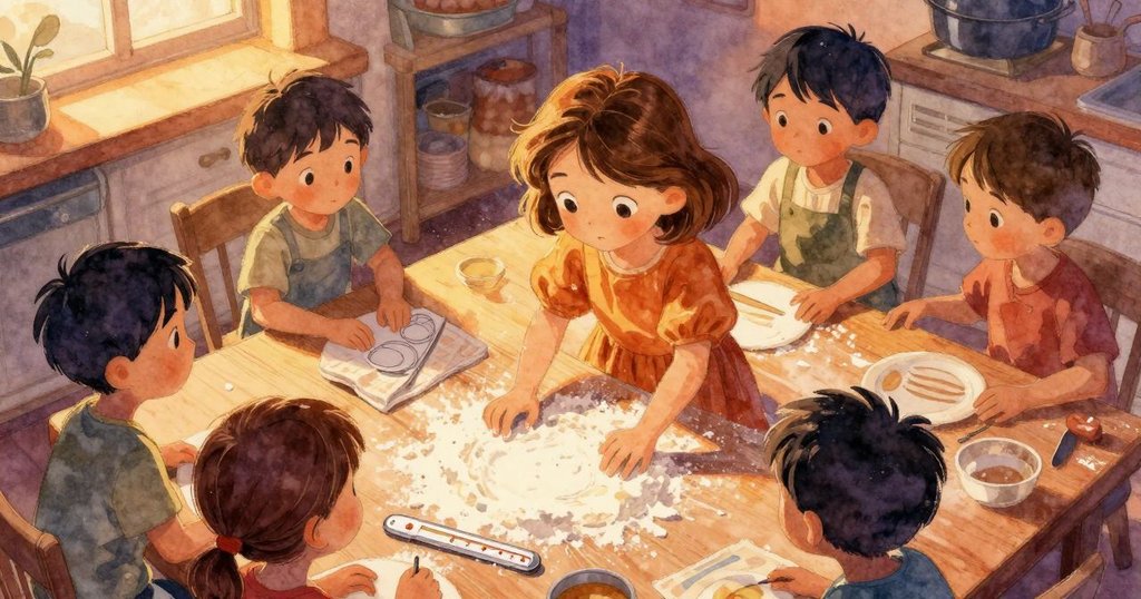 高處俯視廚房桌面，烏爾莎忙於工作，細節呈現布料、溫度計及水跡的變化，故事進展清晰。