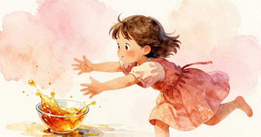 動態鏡頭捕捉烏爾莎急伸手抓住滑動的碗盤，蜂蜜四濺，糖溫計傾斜入漿，場面緊張生動。