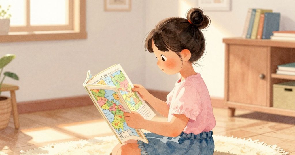 娃達在新室內書房查看海貝圖鑑與野外指南, 室內柔光溫馨, 氣氛靜謐舒適