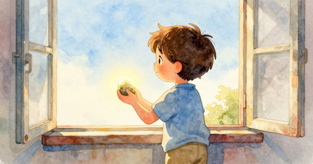 克萊德手握發光石子立於窗邊, 望向光明新途, 臉上充滿希望與決心, 室內寧靜