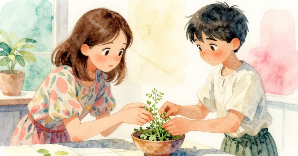 伊爾莎雙手輕捏鮮嫩香草, 專注動作將其放入碗中, 細膩展示葉片質感與室內溫柔燈光, 特寫角度