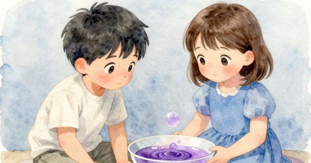 最後畫面展示半滿麵碗中旋轉著紫色染料，細膩的氣泡破裂，織機背景保持平靜，象徵緊張過後的安寧