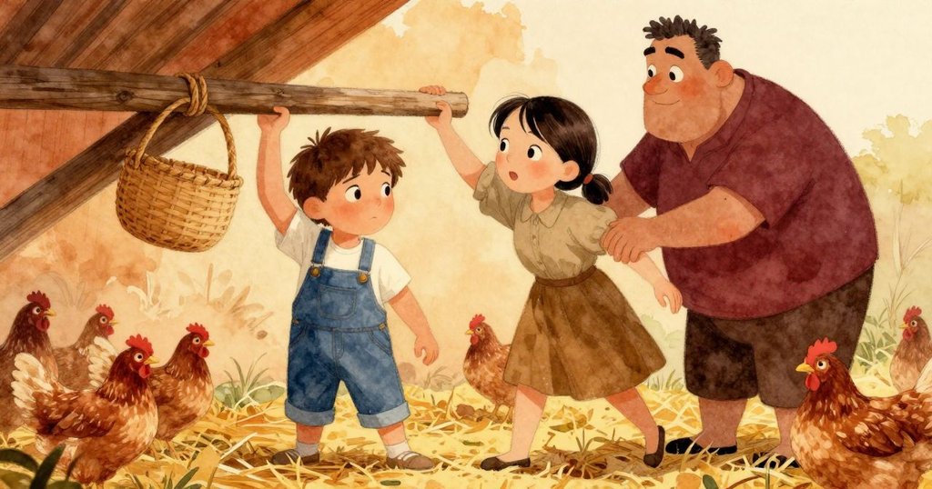 Bea穩妥接過籃柄放於堅固樑上，Amos滿懷鬆口氣注視，母雞安靜棲息於稻草間，故事溫馨收尾。