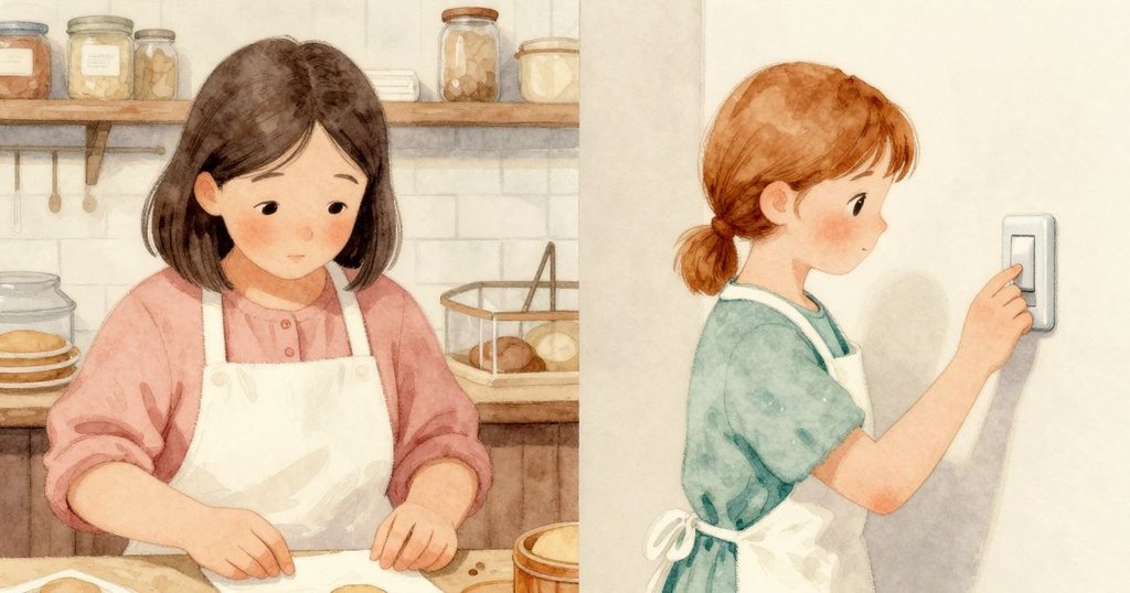 Lenora調整筆記本以避開反光，Annette果斷關閉頂燈，兩個動作並列呈現，展現麵包店內的忙碌瞬間