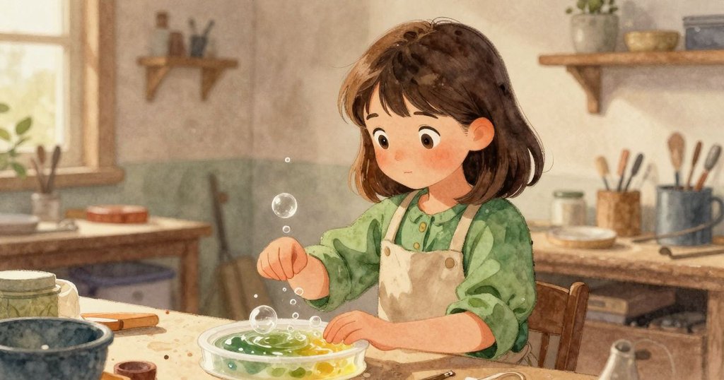 畫面呈現夜晚微涼氣流從天窗流入, 樹脂表面上氣泡浮動, Giselle輕拍模具, 營造出寧靜且充滿變幻的氛圍