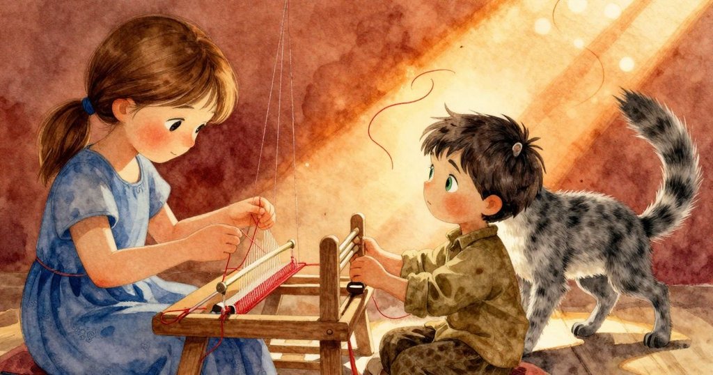 窗外光束照亮懸浮紅線細纖維，呈現宛如水下夢幻景致，光影交錯營造溫馨神秘氛圍