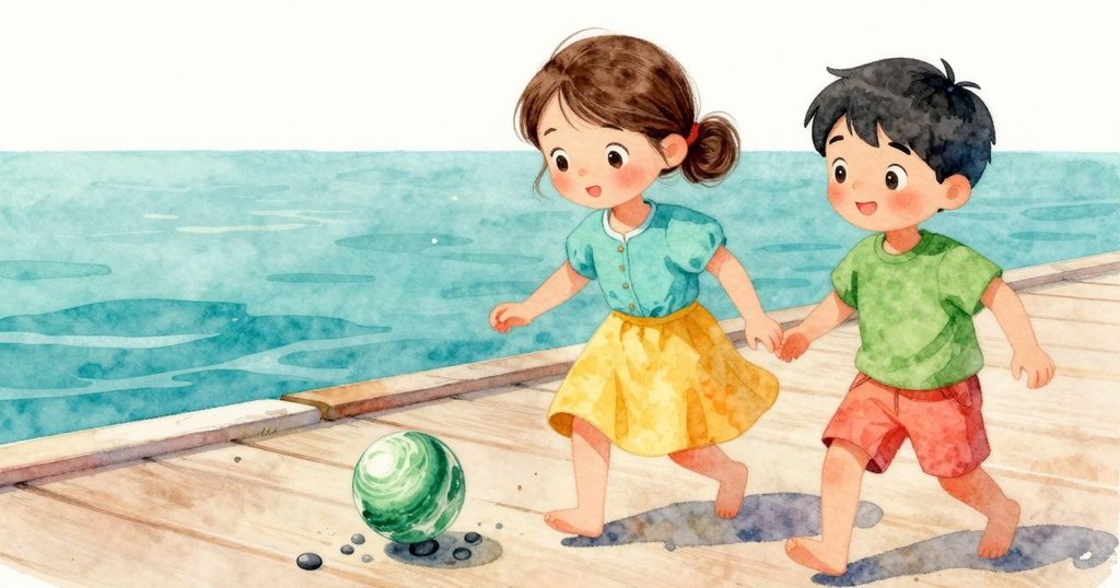 從海鷗視角下透視綠球在碼頭卵石上彈起,展現童趣與驚奇,畫面充滿活力與自然美感