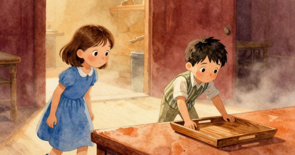 Colette推動木盤,Birch攪拌藍油彩,後台場景晨霧繚繞,氣氛溫暖輕柔,展現創作起始