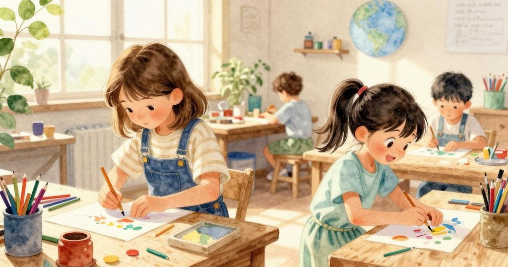 六月和拉娜與其他孩子在明亮工作室內忙碌製作工藝品，充滿熱情與創意，展現故事開端。