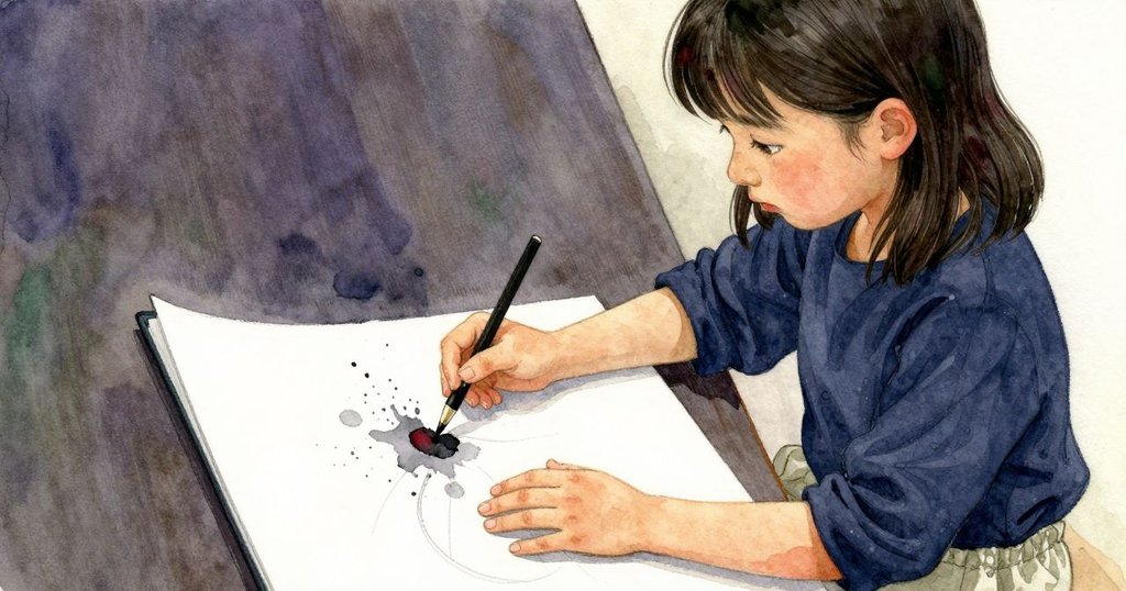 Yasmin握著素描本，手指輕觸溢出的墨水與摺疊繃布，畫面細緻捕捉創作瞬間。