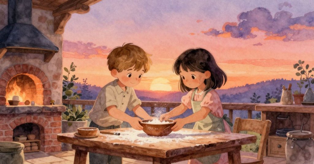 Phoebe推動陶碗於滿佈麵粉的桌上，Emil在一旁注視，光線溫暖，廚房場景呈現家庭溫馨氛圍