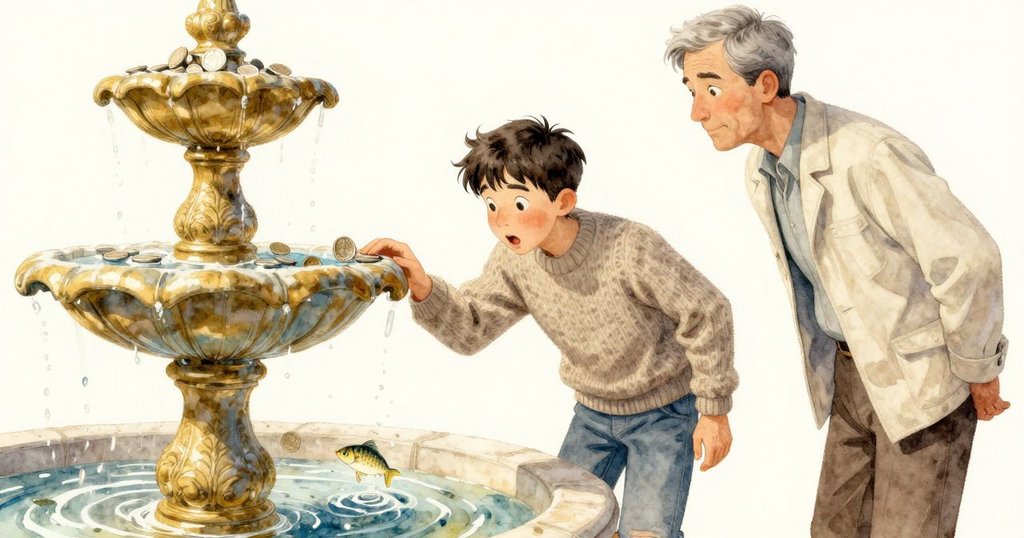 硬幣緩慢搖晃，小魚掙扎，水面波光粼粼，畫面呈現懸疑與期待的瞬間