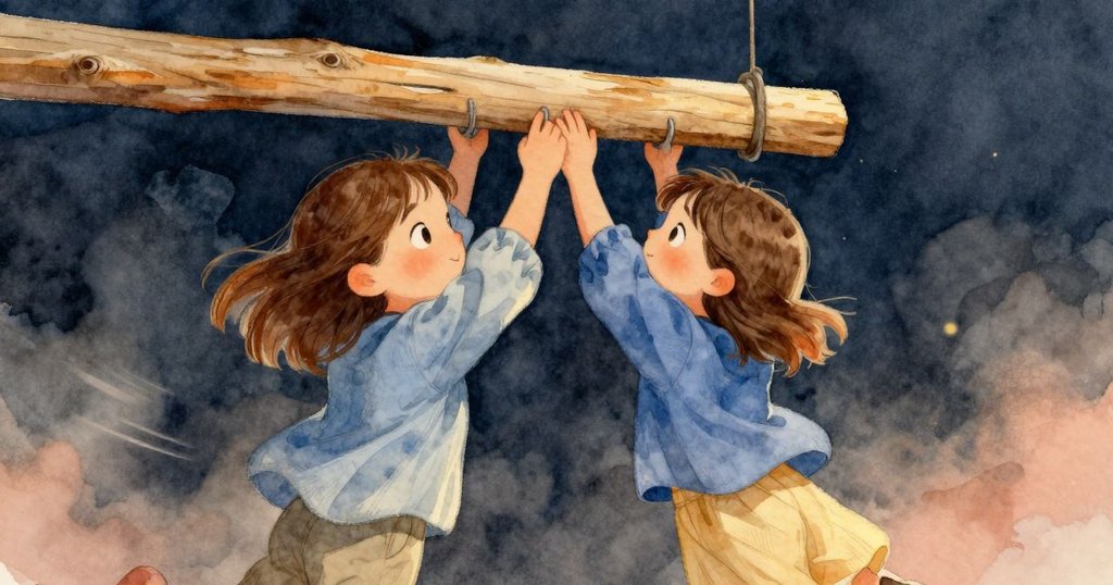 Nina在木製碼頭旁調整勾環,與節奏性彈動的松木板協同,她的動作沉著而專注,呈現持續努力的情境。