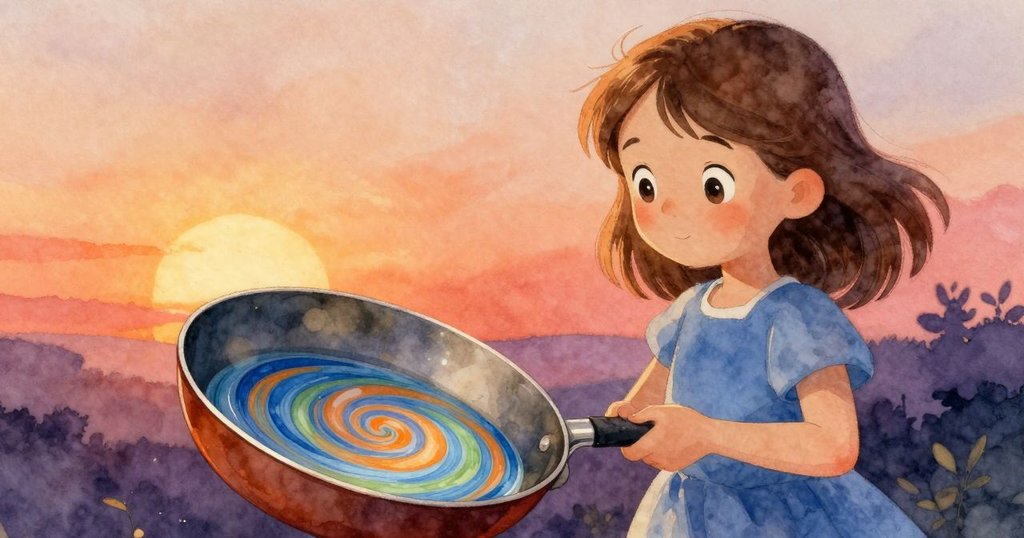 達拉小心放下鐵盤，藍色染料與橙色、綠色交織成旋轉圖案，特寫展示液體細節與質感。