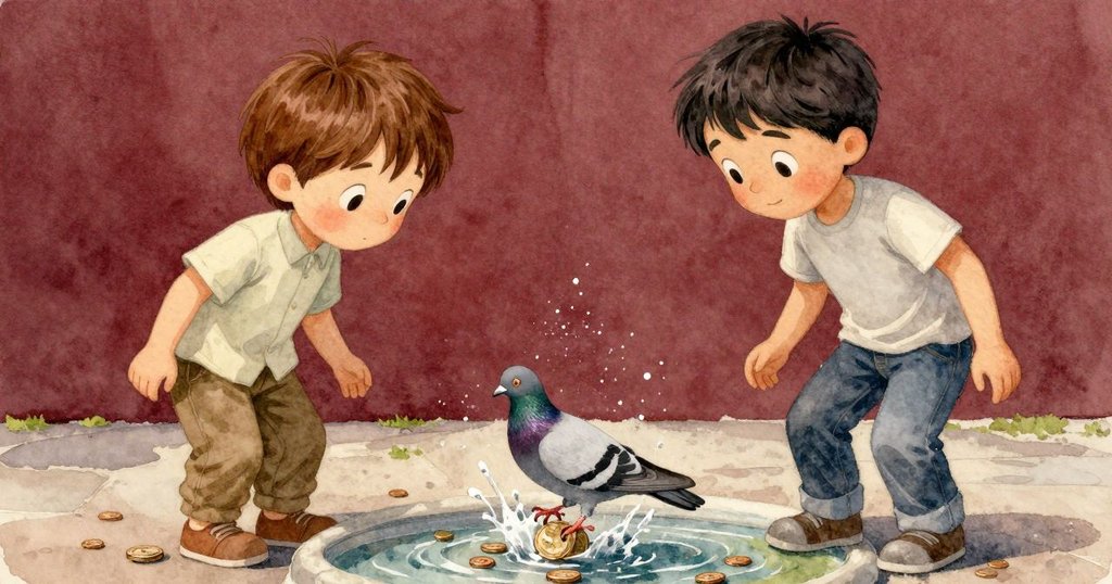 一隻鴿子踩在濕潤硬幣上, 水花四濺打破寧靜, 動作自然, 故事轉折時刻展現生動細節