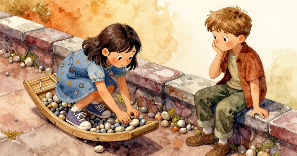 從高角度觀看,凱雅將第二塊石頭放在平衡的石上,梅里特靠在柱子上,溫馨地觀察著這微妙的互動