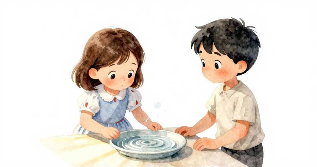 陽光緩緩灑落木桌,水盤慢旋,空氣中散發溫暖氣息與微弱泡影,室內氛圍寧靜悠然。