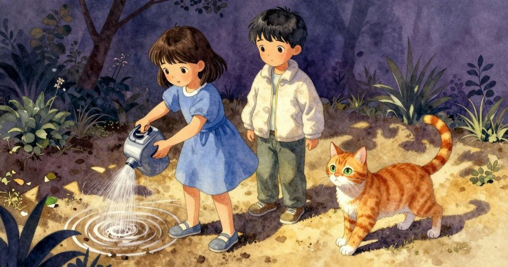 從高處俯瞰花園，Noemi 與 Vaughn 分工合作澆水，生薑貓在葡萄葉影中穿梭，展露故事進程