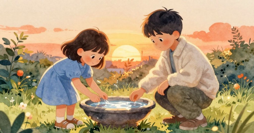 Vaughn 與 Noemi 共慶澆水成就，檢查水器與陶碟，夕陽橙光映照花園，展露歡樂情緒