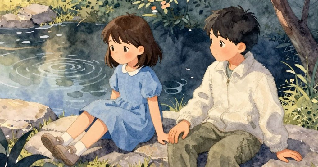 在平靜花園中，Noemi 與 Vaughn 休憩於石旁欣賞玻璃下光環漣漪，柔和光線映出寧靜結局