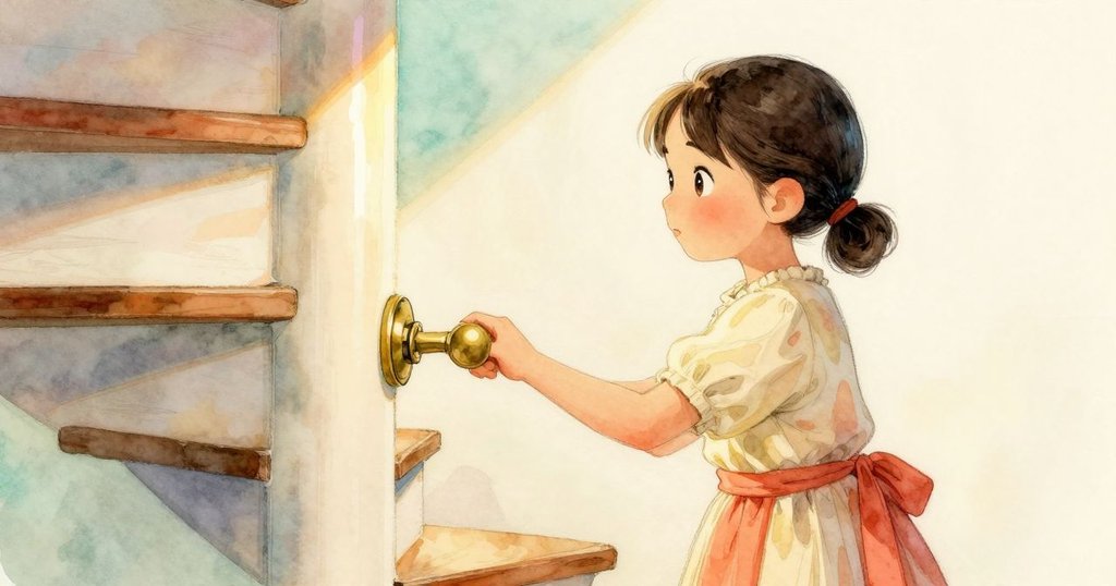 Harriet 站在螺旋樓梯上轉動手柄, 透過鏡頭散射出絢麗彩光, 展現專注動作與室內互動