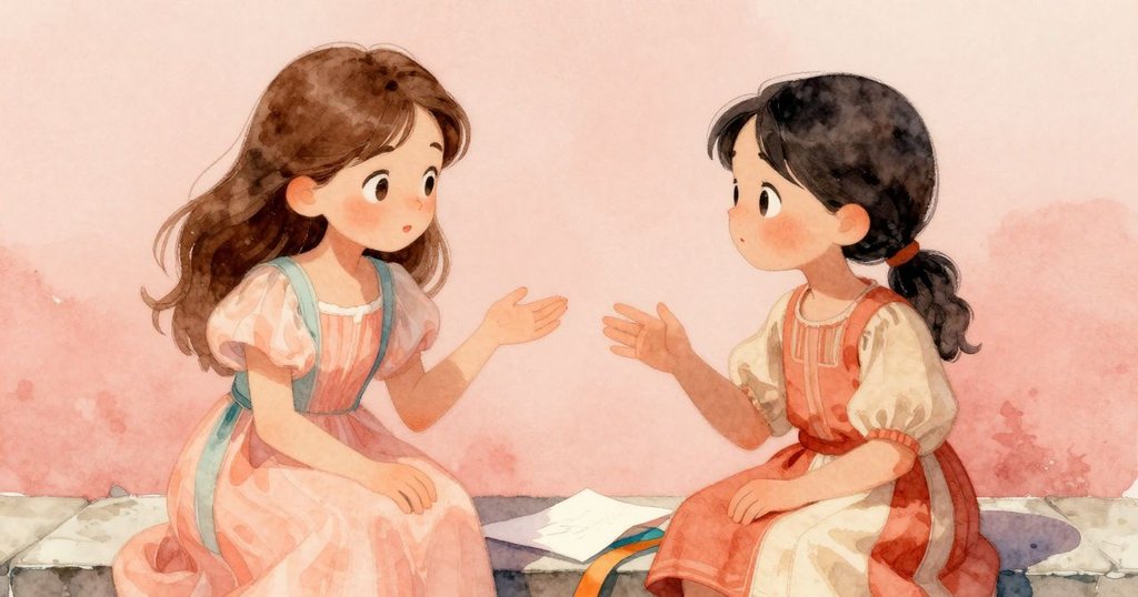 Harriet 與 Alma 互動, Harriet 溫柔示意保持文件穩定, 紅絲帶散發暗櫻桃色與紫邊, 表達默契溫情