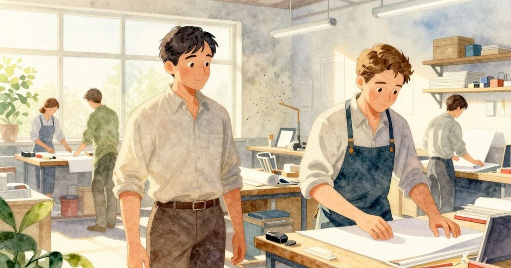 Kieran正於印刷店內滑動乳白色紙張，背景有其他同事忙碌，溫暖晨光灑落，充滿活力與協作氣氛
