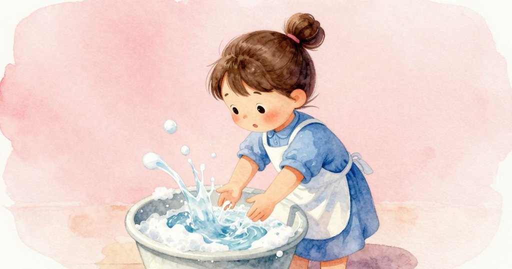 從高處俯視Fiona因水花濺起而後退，神情驚訝，洗衣房內泡沫柔光斑駁。