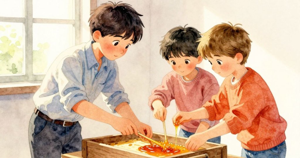 巴雷特與林登在廚房合作取蜜，彼此互助微笑，互動生動，充滿溫馨家庭合作氛圍