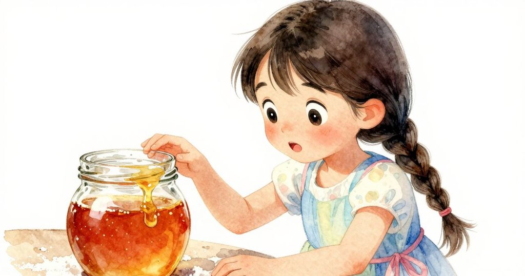 Yasmin以專注神情輕觸透明蜂蜜瓶, 金色蜂蜜緩緩滴落在白麵粉上, 臉上充滿驚奇與溫柔情感