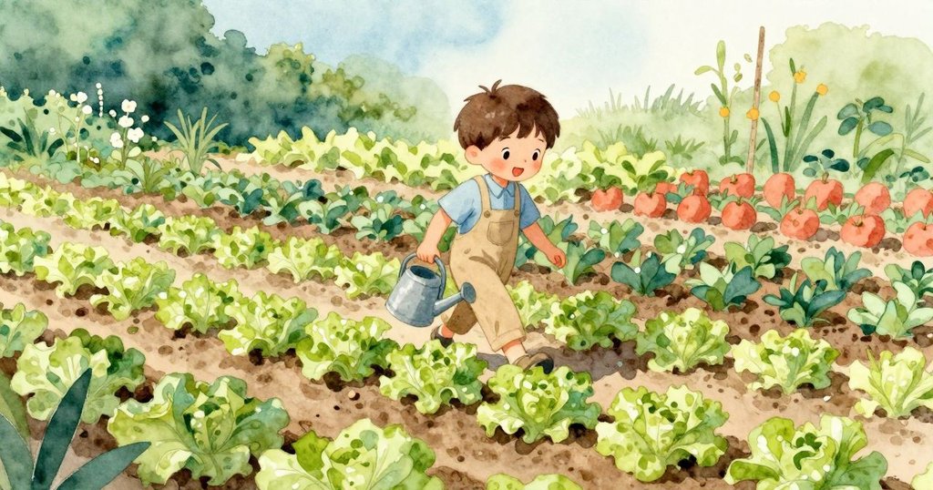 芬拿著澆水壺在生菜園中漫步,陽光溫暖,腳步輕盈,環境寧靜宜人