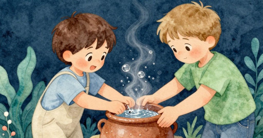 陶罐中溫涼水融合,銀色氣泡與微弱蒸汽在光影中舞動,細節豐富表現轉變