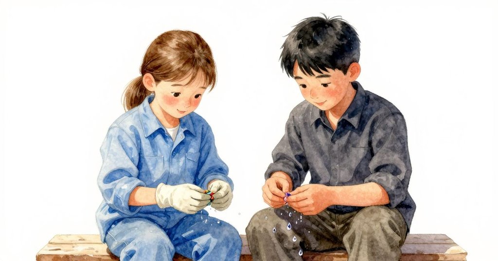 普魯與尤利西斯坐在低凳上共同檢查染色作品，水滴在凳面上留下痕跡，彼此交流充滿欣喜