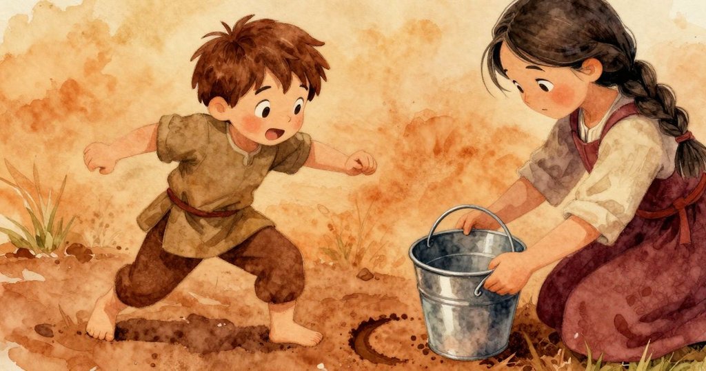 海達專注握住金屬水桶，凱蘭靴子於穀倉地面留印，手動細節豐富，情感專注展現