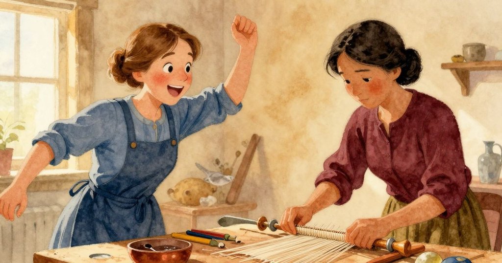 一隻褐色麻雀從開窗飛入織布間，低角度呈現工作台和工具，生動展現活力與溫暖光影。