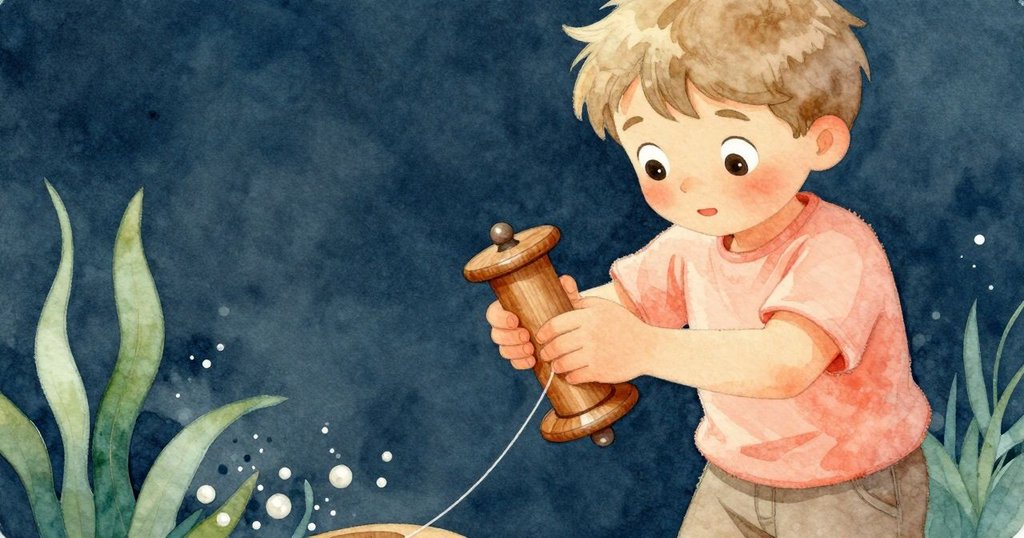 Theo 細心繞線於軸芯上，展現手部動作與木質質感，畫面溫暖且富有細節