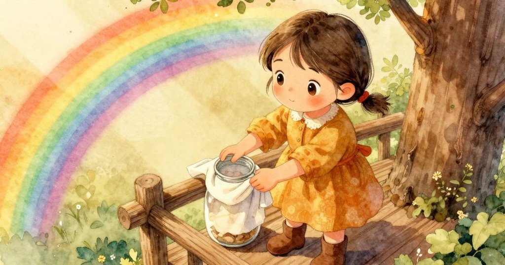 從上方俯視，Sara小心地將瓶子放在欄杆上，光影交錯，展現她專注與細膩動作的美感。