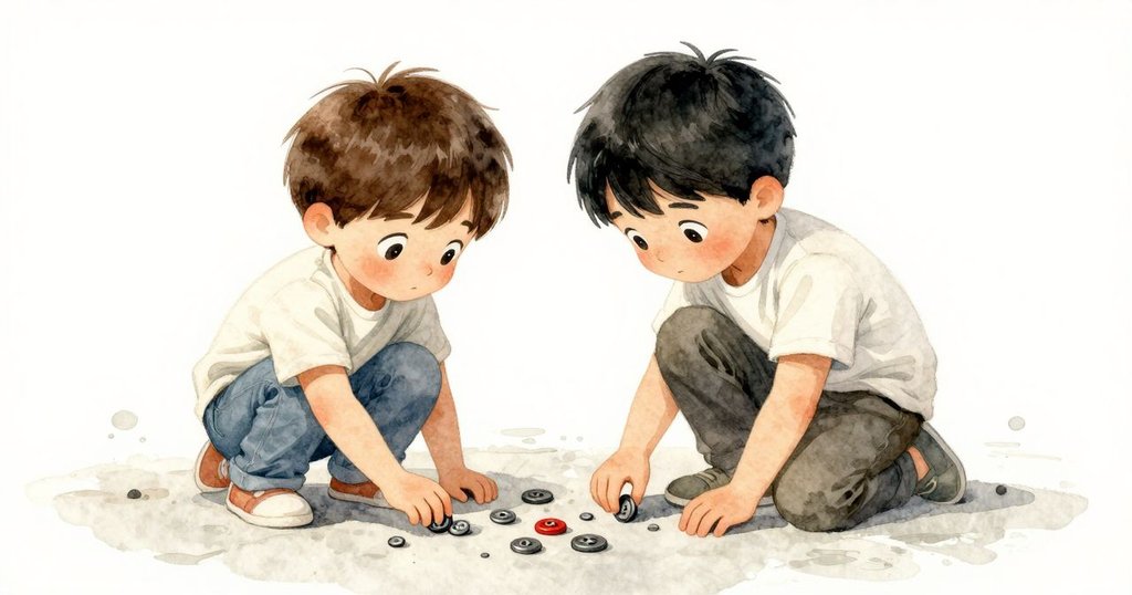 從低角度視角觀察,閃亮金屬鈕扣在水泥上滾動,充滿驚奇與童真,場景細膩動人